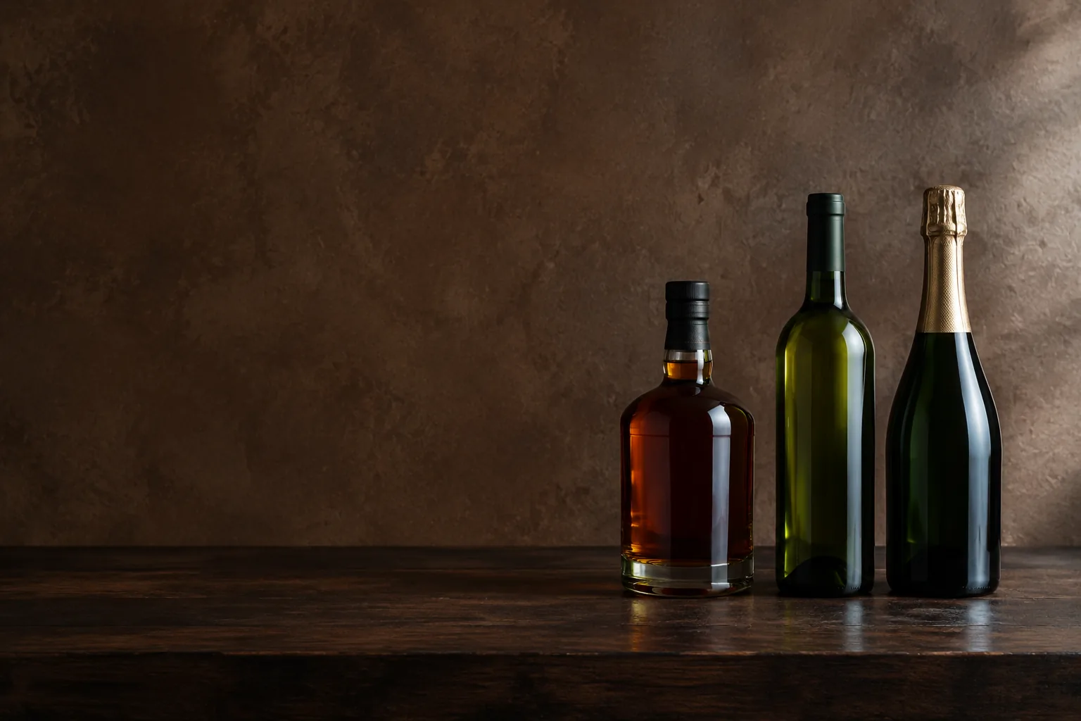 Unbranded spirits and wine bottles on a limestone counter